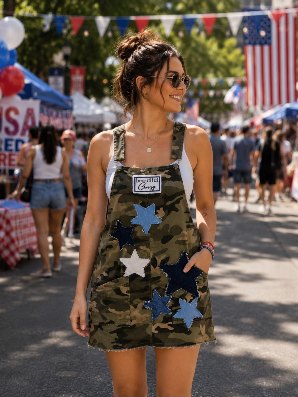 Upcycled Camo Overalls Skirt: Patriotic Stars Romper, Festival Outfit.